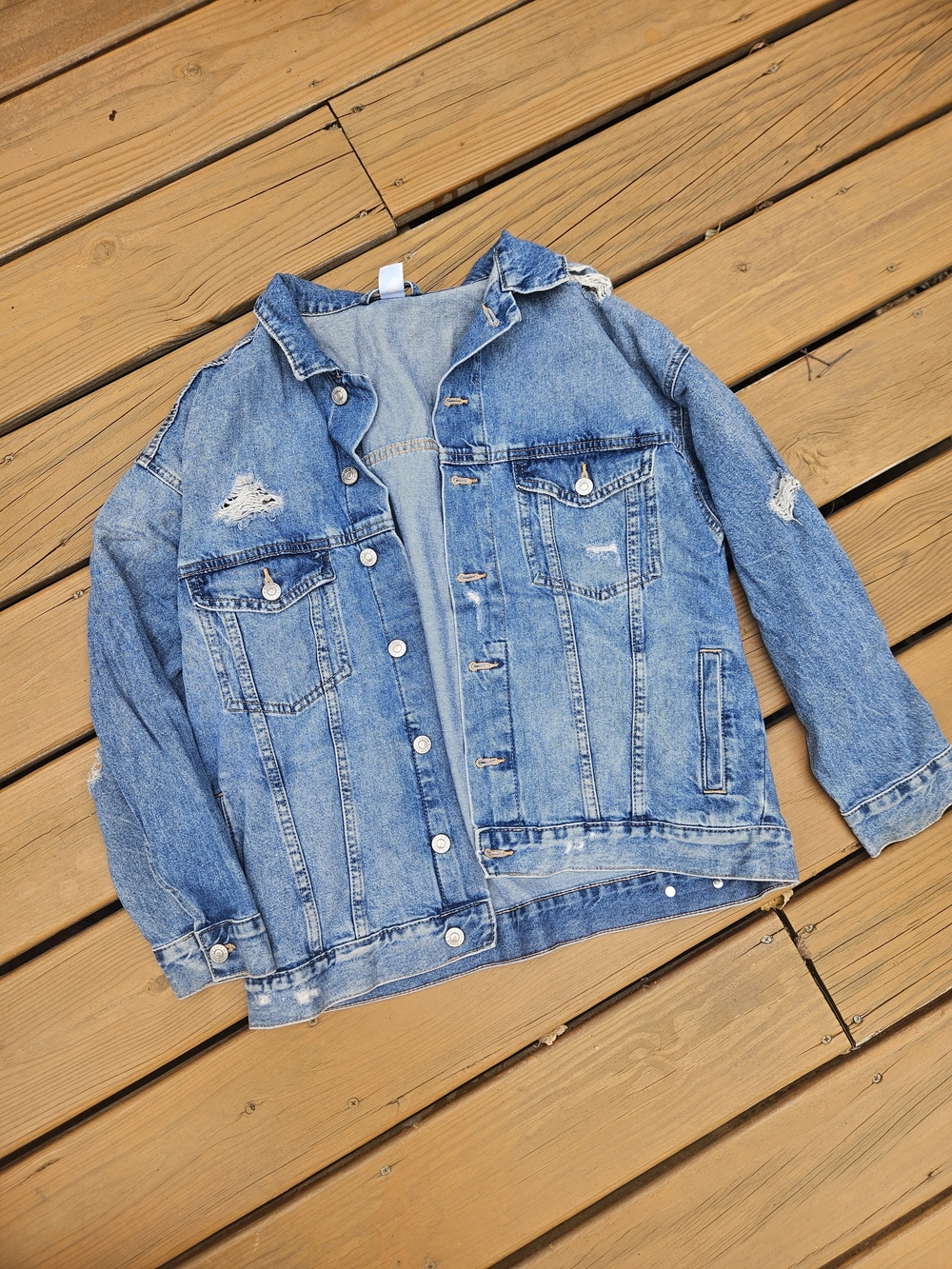 Women's Light Blue Distressed Denim Jacket - Casual Jean Coat